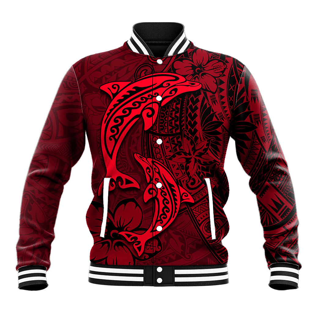 Polynesian Dolphin Valentine Day Baseball Jacket Hibiscus and Tribal Tattoo Red Style LT03 Unisex Red - Polynesian Pride