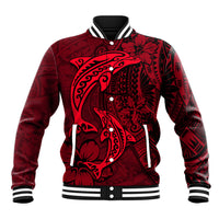 Polynesian Dolphin Valentine Day Baseball Jacket Hibiscus and Tribal Tattoo Red Style LT03 Unisex Red - Polynesian Pride