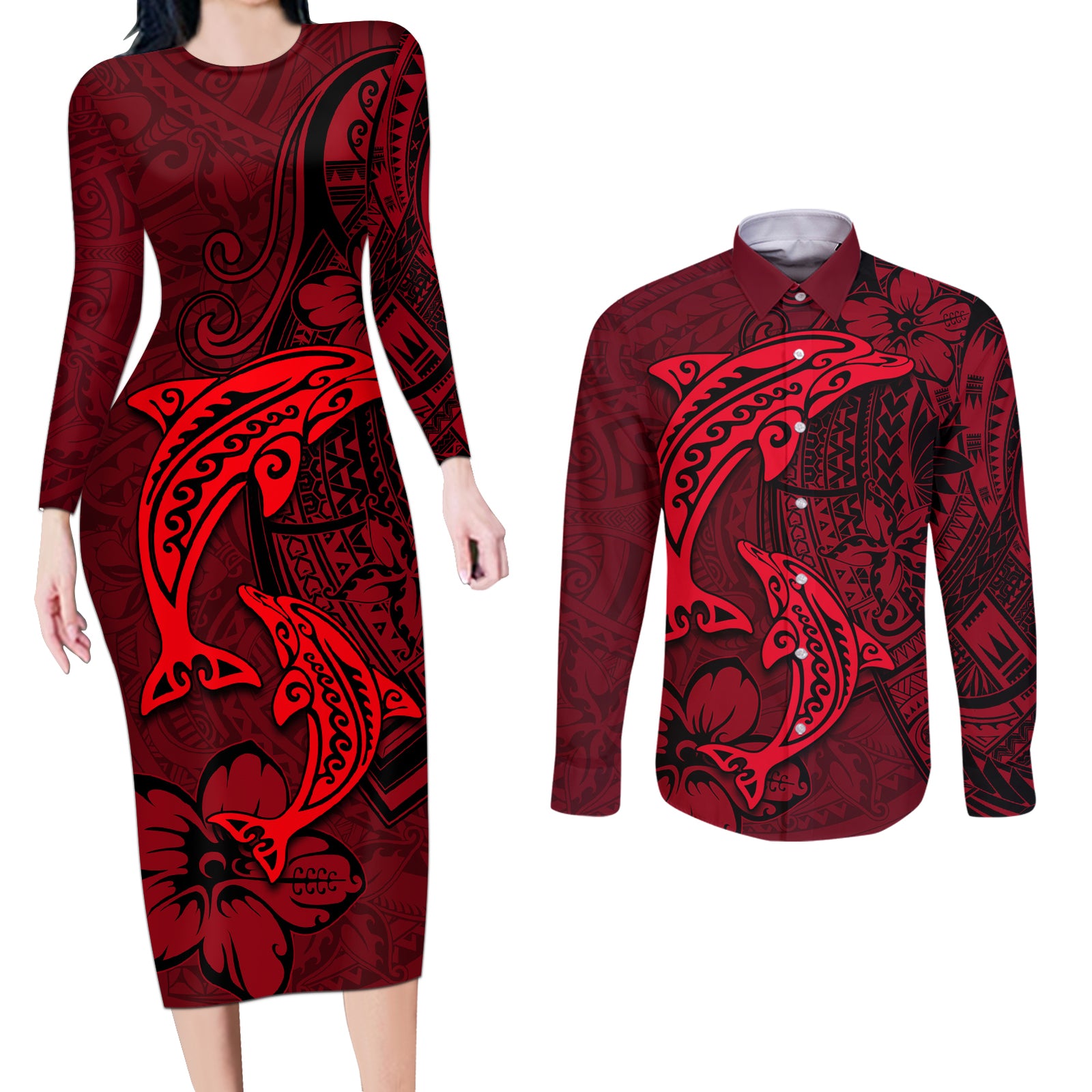 Polynesian Dolphin Valentine Day Couples Matching Long Sleeve Bodycon Dress and Long Sleeve Button Shirt Hibiscus and Tribal Tattoo Red Style LT03 Red - Polynesian Pride