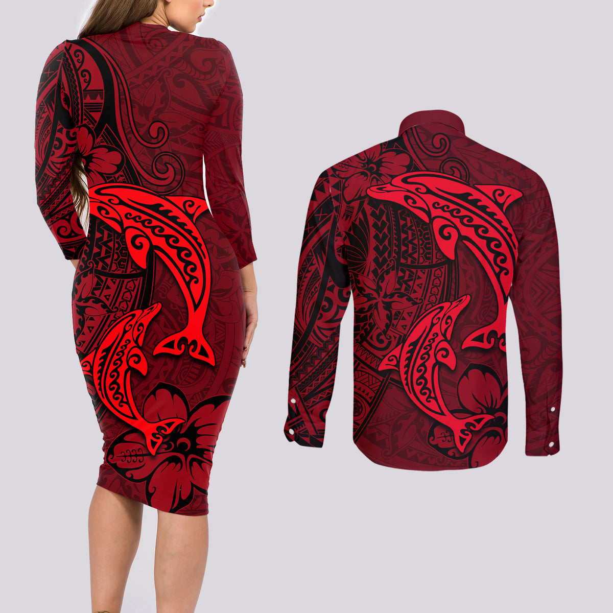 Polynesian Dolphin Valentine Day Couples Matching Long Sleeve Bodycon Dress and Long Sleeve Button Shirt Hibiscus and Tribal Tattoo Red Style LT03 - Polynesian Pride