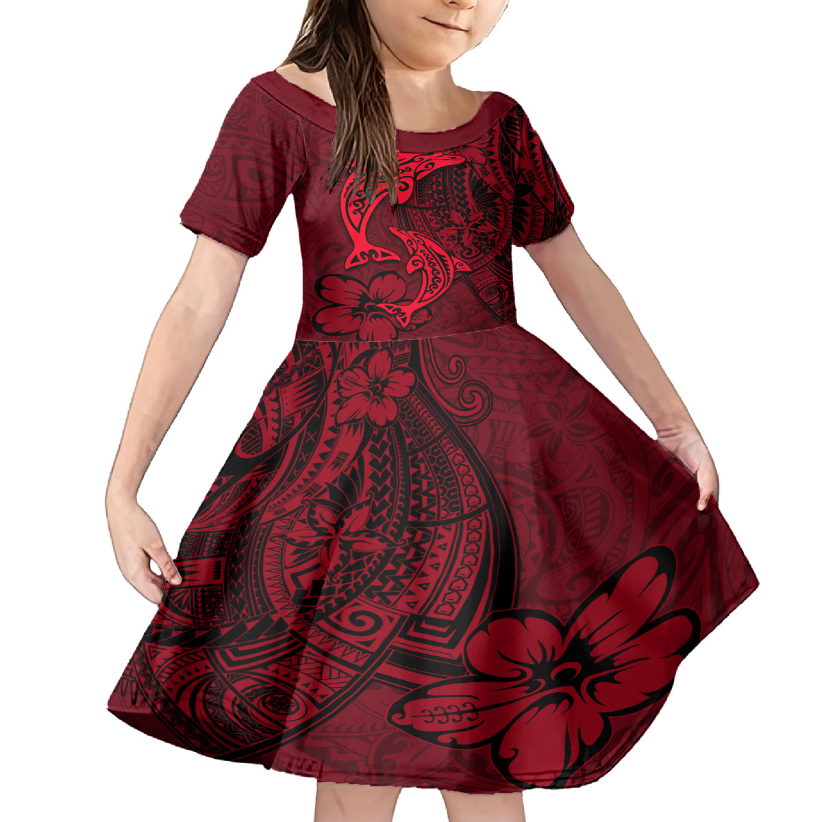 Polynesian Dolphin Valentine Day Family Matching Off Shoulder Long Sleeve Dress and Hawaiian Shirt Hibiscus and Tribal Tattoo Red Style LT03 Daughter's Dress Red - Polynesian Pride