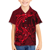 Polynesian Dolphin Valentine Day Family Matching Off Shoulder Long Sleeve Dress and Hawaiian Shirt Hibiscus and Tribal Tattoo Red Style LT03 Son's Shirt Red - Polynesian Pride
