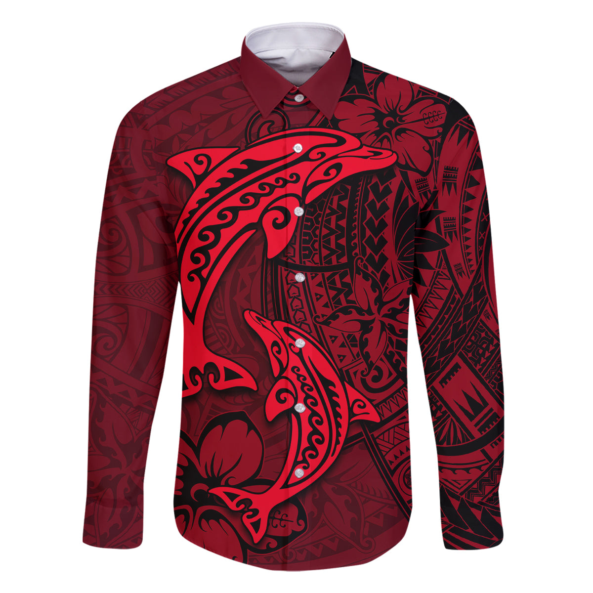 Polynesian Dolphin Valentine Day Family Matching Off Shoulder Maxi Dress and Hawaiian Shirt Hibiscus and Tribal Tattoo Red Style LT03 Dad's Shirt - Long Sleeve Red - Polynesian Pride