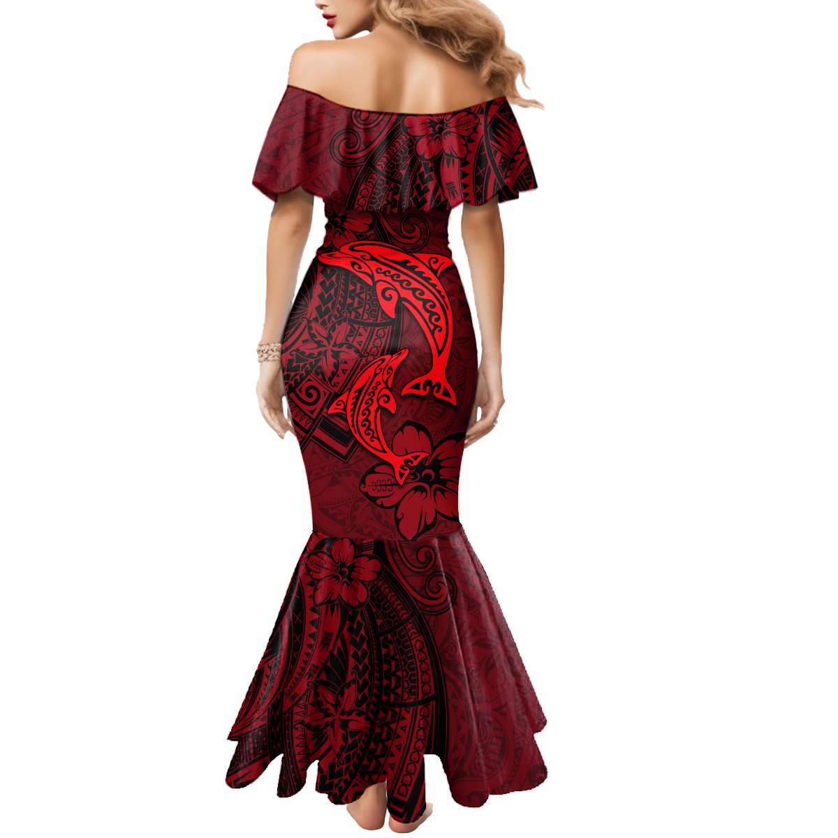 Polynesian Dolphin Valentine Day Mermaid Dress Hibiscus and Tribal Tattoo Red Style LT03 - Polynesian Pride