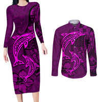 Polynesian Dolphin Valentine Day Couples Matching Long Sleeve Bodycon Dress and Long Sleeve Button Shirt Hibiscus and Tribal Tattoo Pink Style LT03 Pink - Polynesian Pride