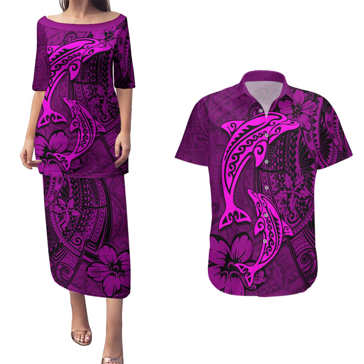 Polynesian Dolphin Valentine Day Couples Matching Puletasi and Hawaiian Shirt Hibiscus and Tribal Tattoo Pink Style LT03 Pink - Polynesian Pride