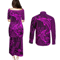 Polynesian Dolphin Valentine Day Couples Matching Puletasi and Long Sleeve Button Shirt Hibiscus and Tribal Tattoo Pink Style LT03 - Polynesian Pride