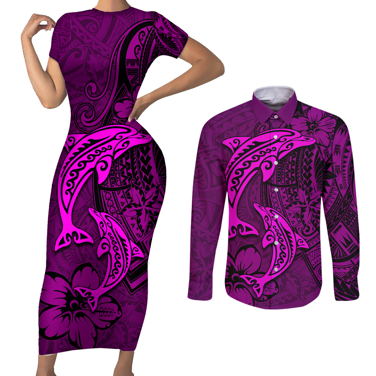 Polynesian Dolphin Valentine Day Couples Matching Short Sleeve Bodycon Dress and Long Sleeve Button Shirt Hibiscus and Tribal Tattoo Pink Style LT03 Pink - Polynesian Pride