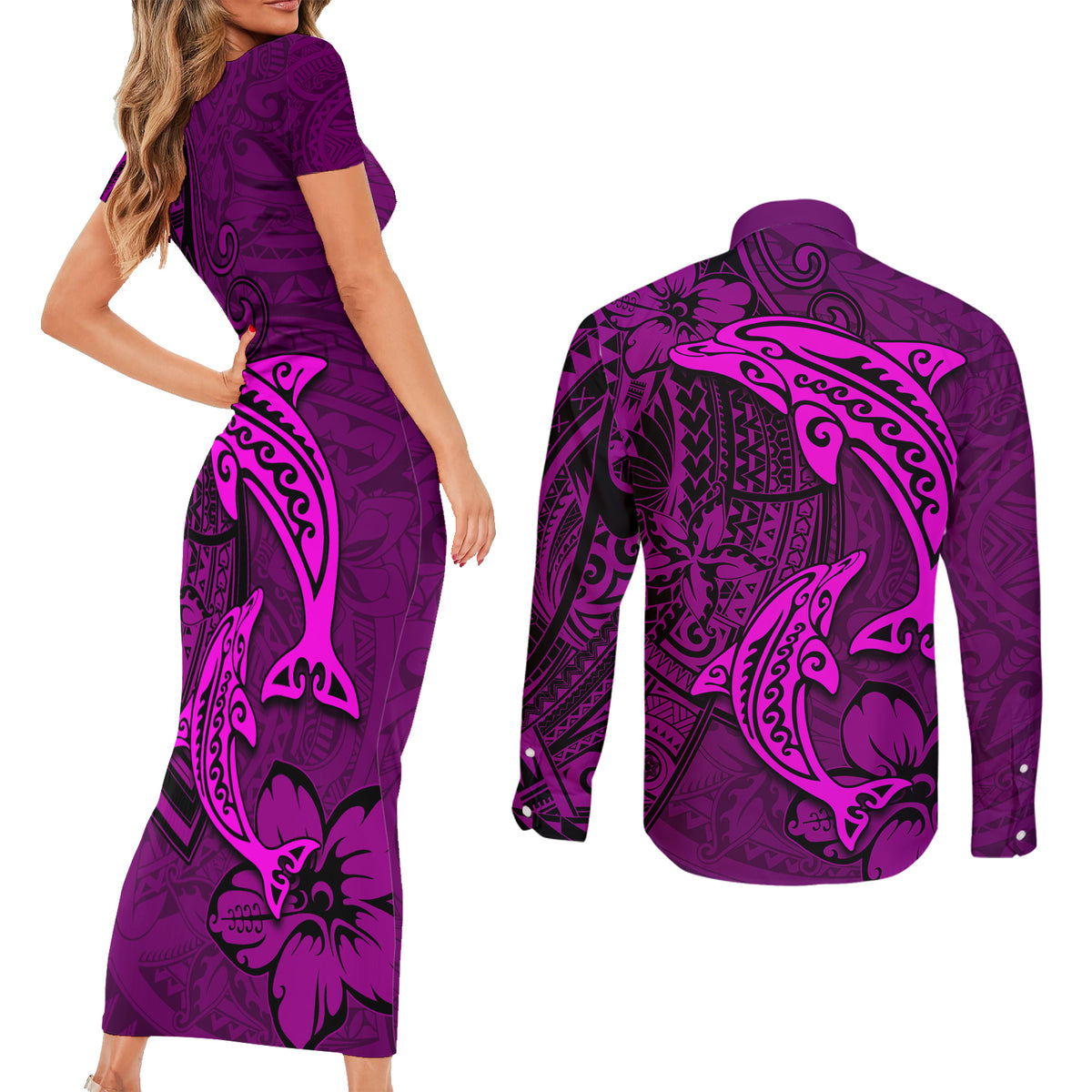 Polynesian Dolphin Valentine Day Couples Matching Short Sleeve Bodycon Dress and Long Sleeve Button Shirt Hibiscus and Tribal Tattoo Pink Style LT03 - Polynesian Pride