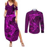 Polynesian Dolphin Valentine Day Couples Matching Summer Maxi Dress and Long Sleeve Button Shirt Hibiscus and Tribal Tattoo Pink Style LT03 Pink - Polynesian Pride