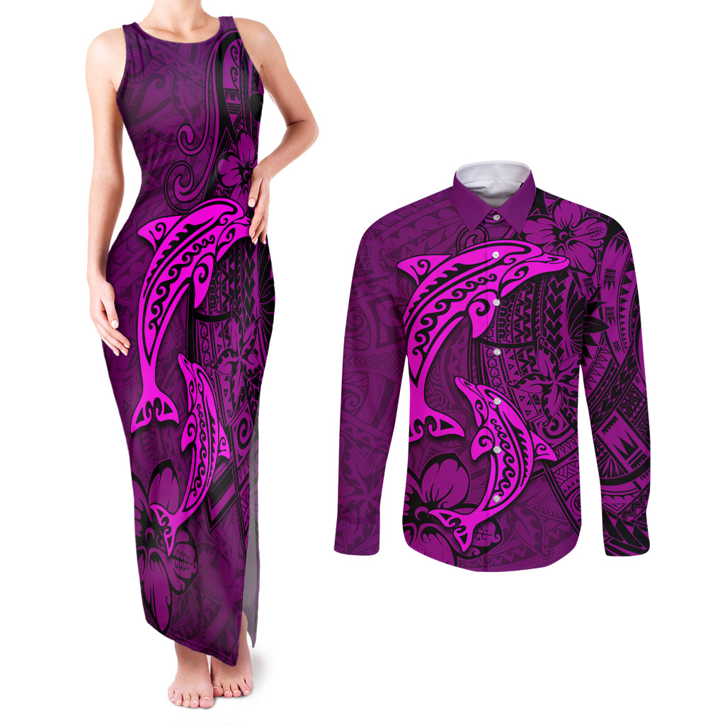 Polynesian Dolphin Valentine Day Couples Matching Tank Maxi Dress and Long Sleeve Button Shirt Hibiscus and Tribal Tattoo Pink Style LT03 Pink - Polynesian Pride
