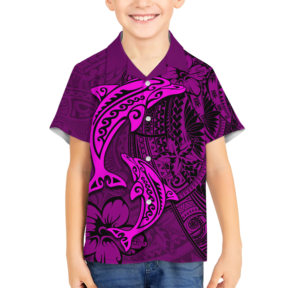Polynesian Dolphin Valentine Day Family Matching Summer Maxi Dress and Hawaiian Shirt Hibiscus and Tribal Tattoo Pink Style LT03 Son's Shirt Pink - Polynesian Pride