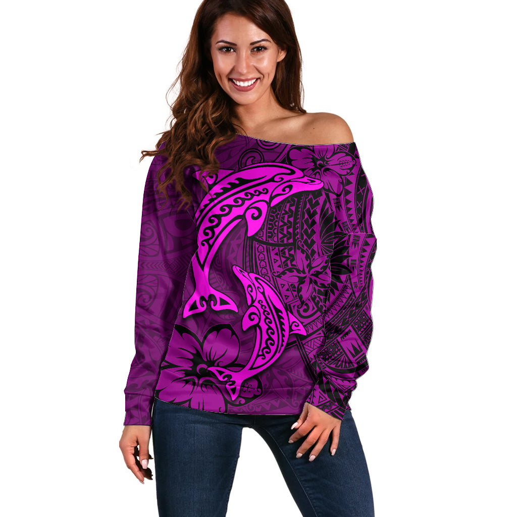 Polynesian Dolphin Valentine Day Off Shoulder Sweater Hibiscus and Tribal Tattoo Pink Style LT03 Women Pink - Polynesian Pride