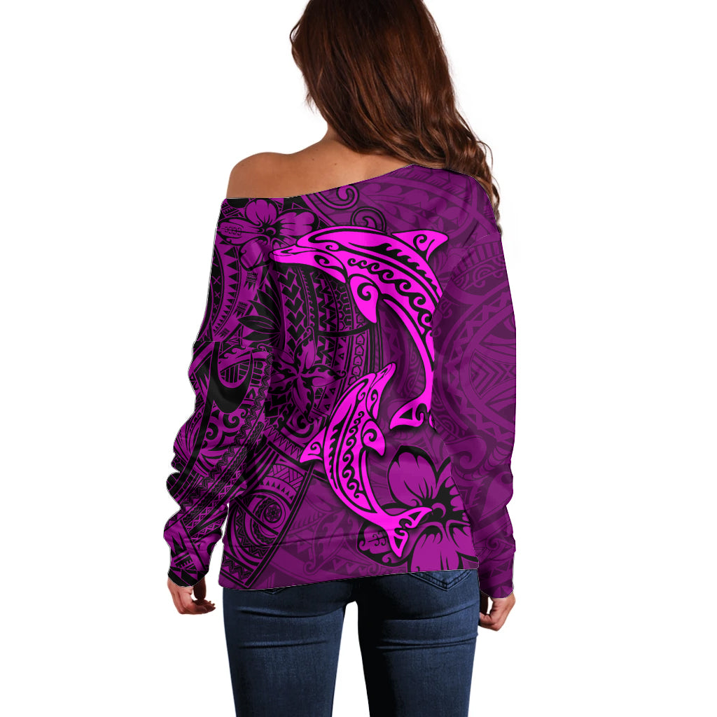 Polynesian Dolphin Valentine Day Off Shoulder Sweater Hibiscus and Tribal Tattoo Pink Style LT03 - Polynesian Pride
