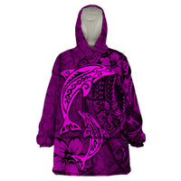 Polynesian Dolphin Valentine Day Wearable Blanket Hoodie Hibiscus and Tribal Tattoo Pink Style LT03 One Size Pink - Polynesian Pride