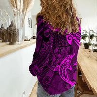 Polynesian Dolphin Valentine Day Women Casual Shirt Hibiscus and Tribal Tattoo Pink Style LT03 - Polynesian Pride