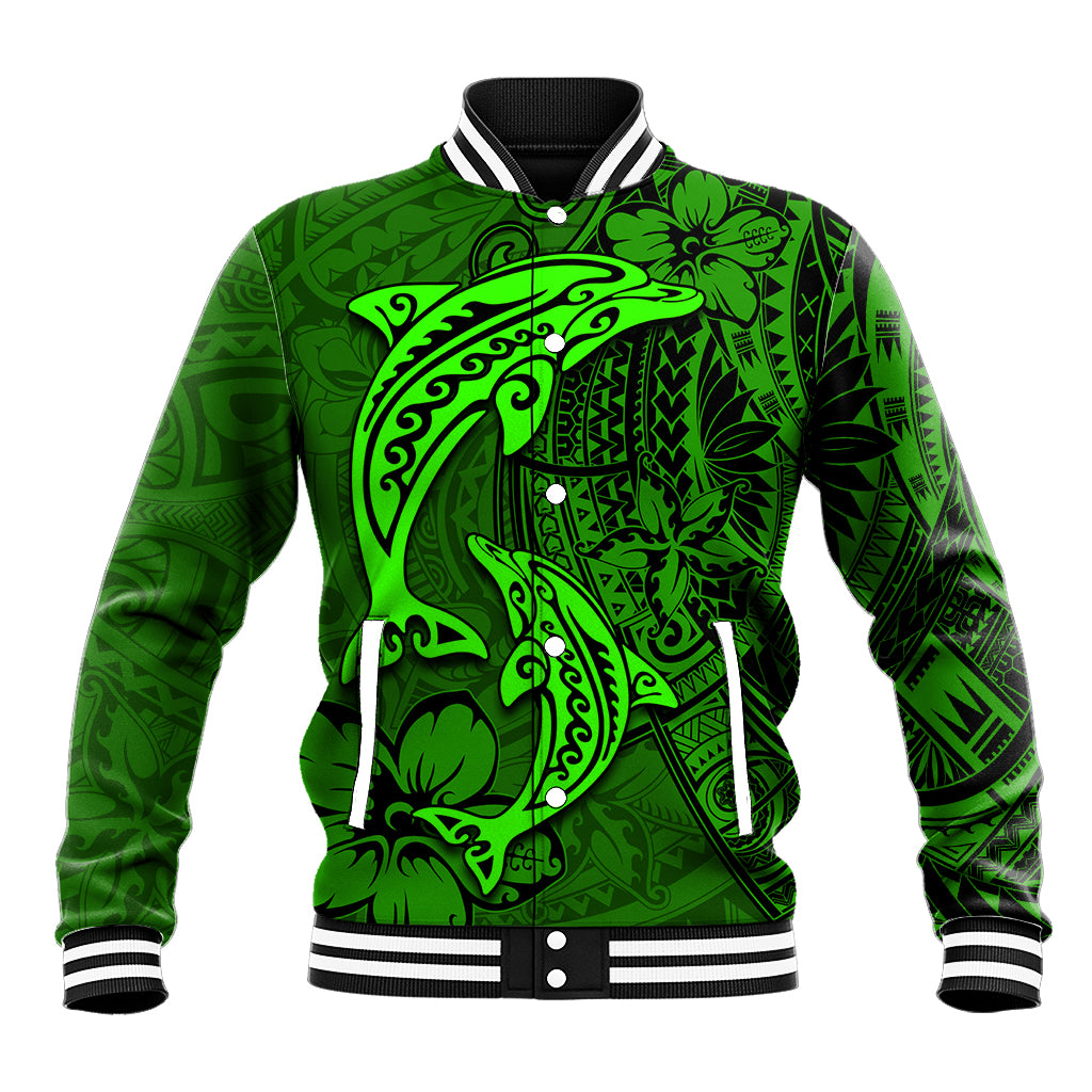 Polynesian Dolphin Valentine Day Baseball Jacket Hibiscus and Tribal Tattoo Green Style LT03 Unisex Green - Polynesian Pride