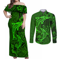 Polynesian Dolphin Valentine Day Couples Matching Off Shoulder Maxi Dress and Long Sleeve Button Shirt Hibiscus and Tribal Tattoo Green Style LT03 Green - Polynesian Pride