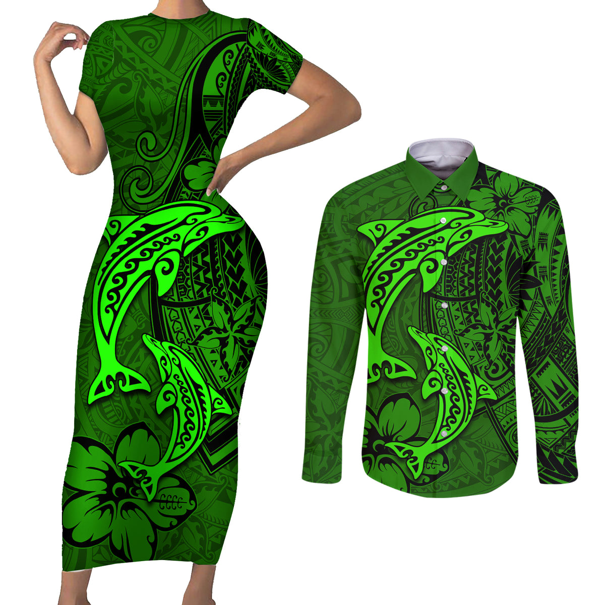 Polynesian Dolphin Valentine Day Couples Matching Short Sleeve Bodycon Dress and Long Sleeve Button Shirt Hibiscus and Tribal Tattoo Green Style LT03 Green - Polynesian Pride
