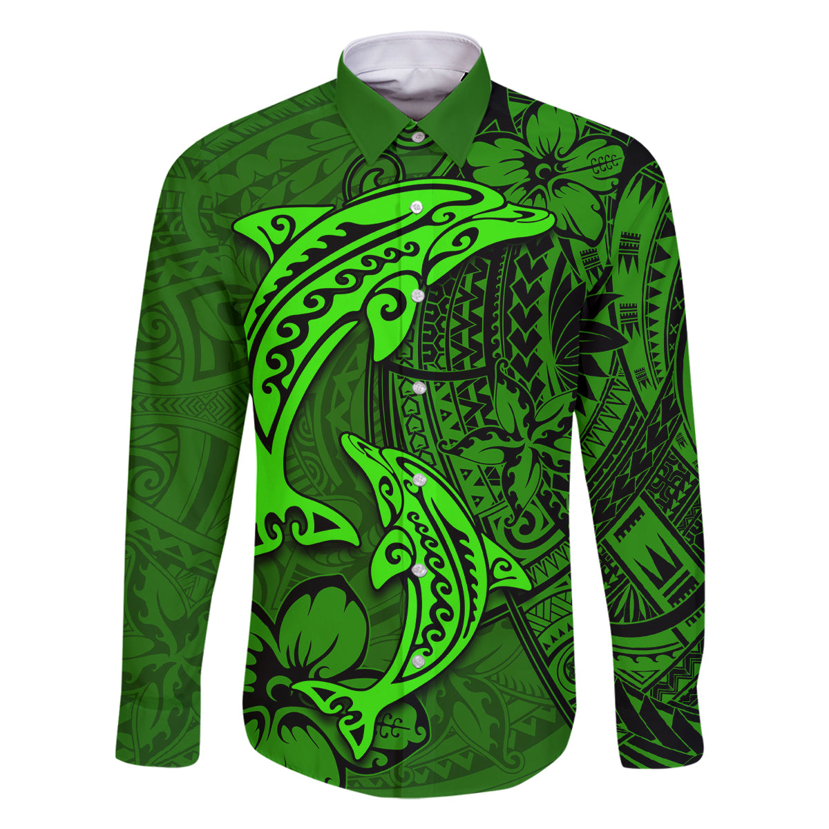 Polynesian Dolphin Valentine Day Family Matching Off Shoulder Long Sleeve Dress and Hawaiian Shirt Hibiscus and Tribal Tattoo Green Style LT03 Dad's Shirt - Long Sleeve Green - Polynesian Pride