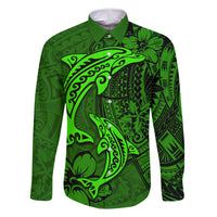 Polynesian Dolphin Valentine Day Family Matching Off Shoulder Long Sleeve Dress and Hawaiian Shirt Hibiscus and Tribal Tattoo Green Style LT03 Dad's Shirt - Long Sleeve Green - Polynesian Pride