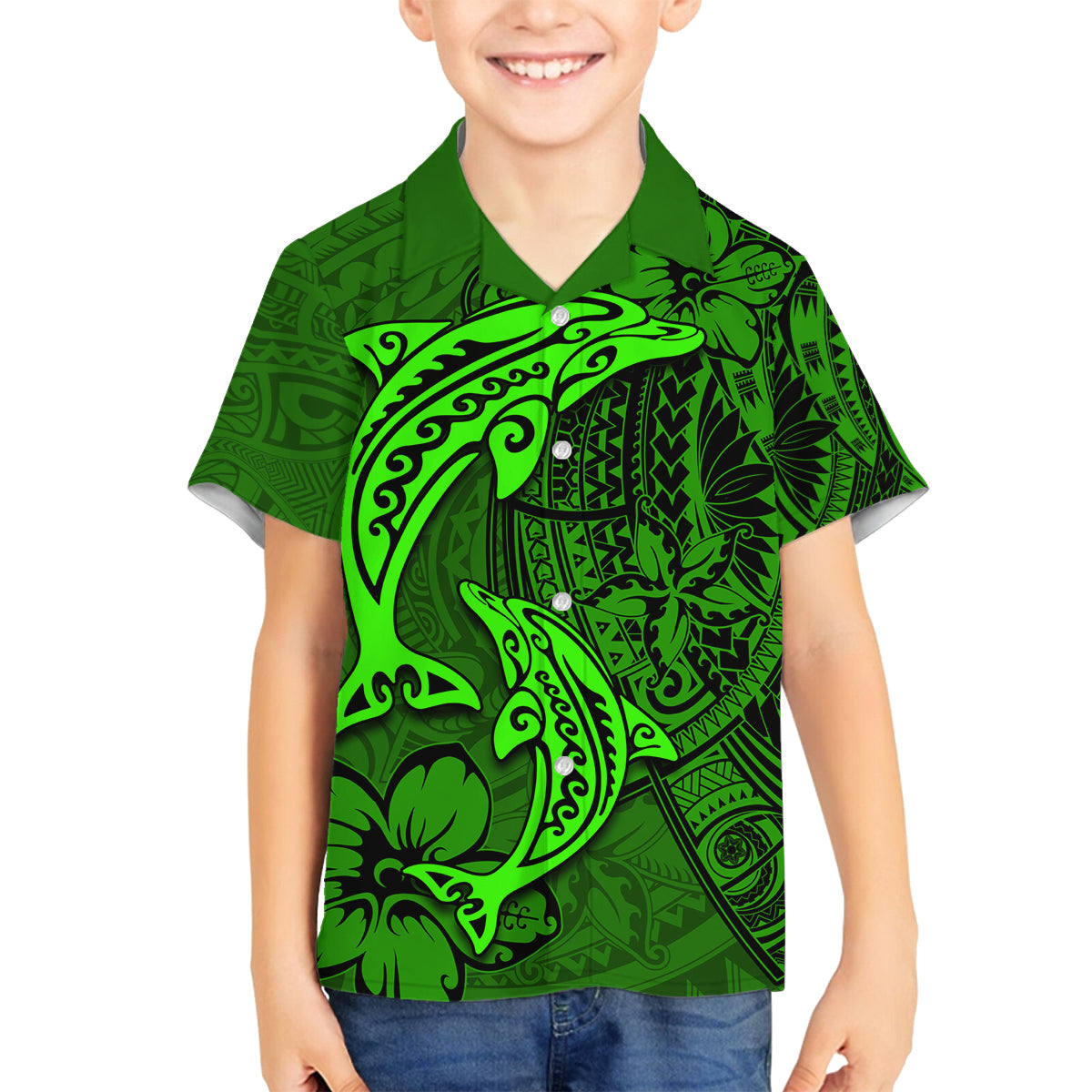 Polynesian Dolphin Valentine Day Family Matching Off Shoulder Maxi Dress and Hawaiian Shirt Hibiscus and Tribal Tattoo Green Style LT03 Son's Shirt Green - Polynesian Pride