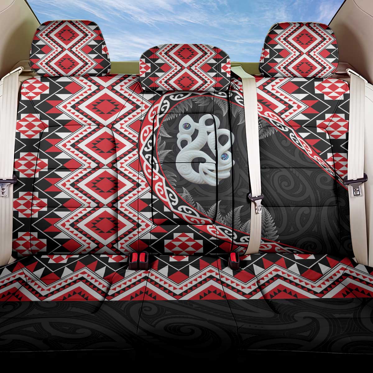 Red Taniko Motif Aotearoa Manaia and Silver Fern Back Car Seat Cover LT03 One Size Red - Polynesian Pride