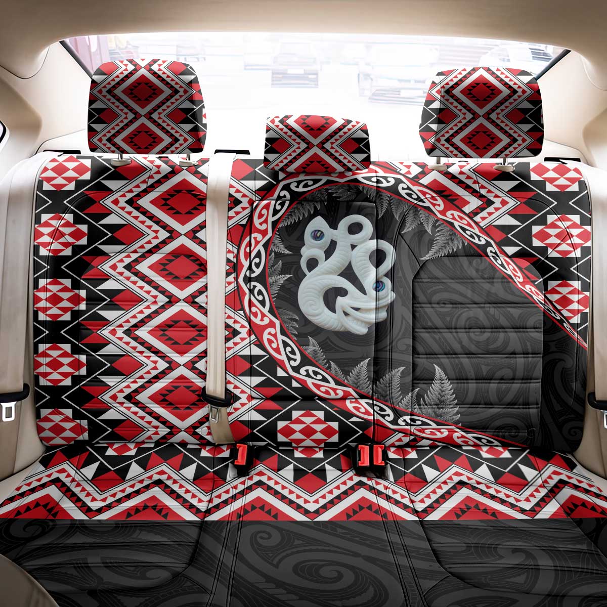 Red Taniko Motif Aotearoa Manaia and Silver Fern Back Car Seat Cover LT03 - Polynesian Pride