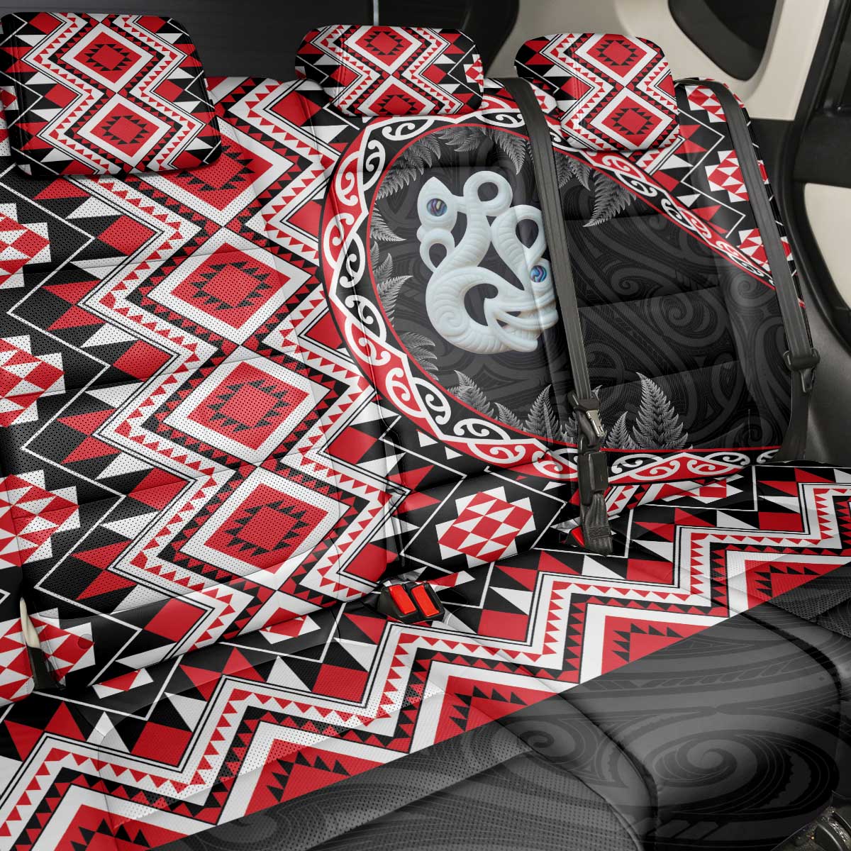 Red Taniko Motif Aotearoa Manaia and Silver Fern Back Car Seat Cover LT03 - Polynesian Pride