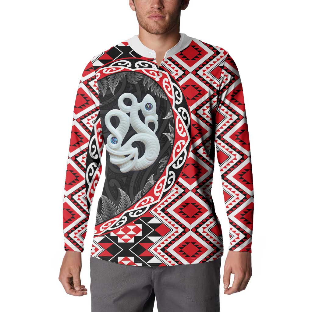 Red Taniko Motif Aotearoa Manaia and Silver Fern Button Sweatshirt