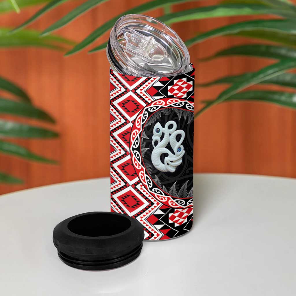 Red Taniko Motif Aotearoa Manaia and Silver Fern 4 in 1 Can Cooler Tumbler LT03 - Polynesian Pride