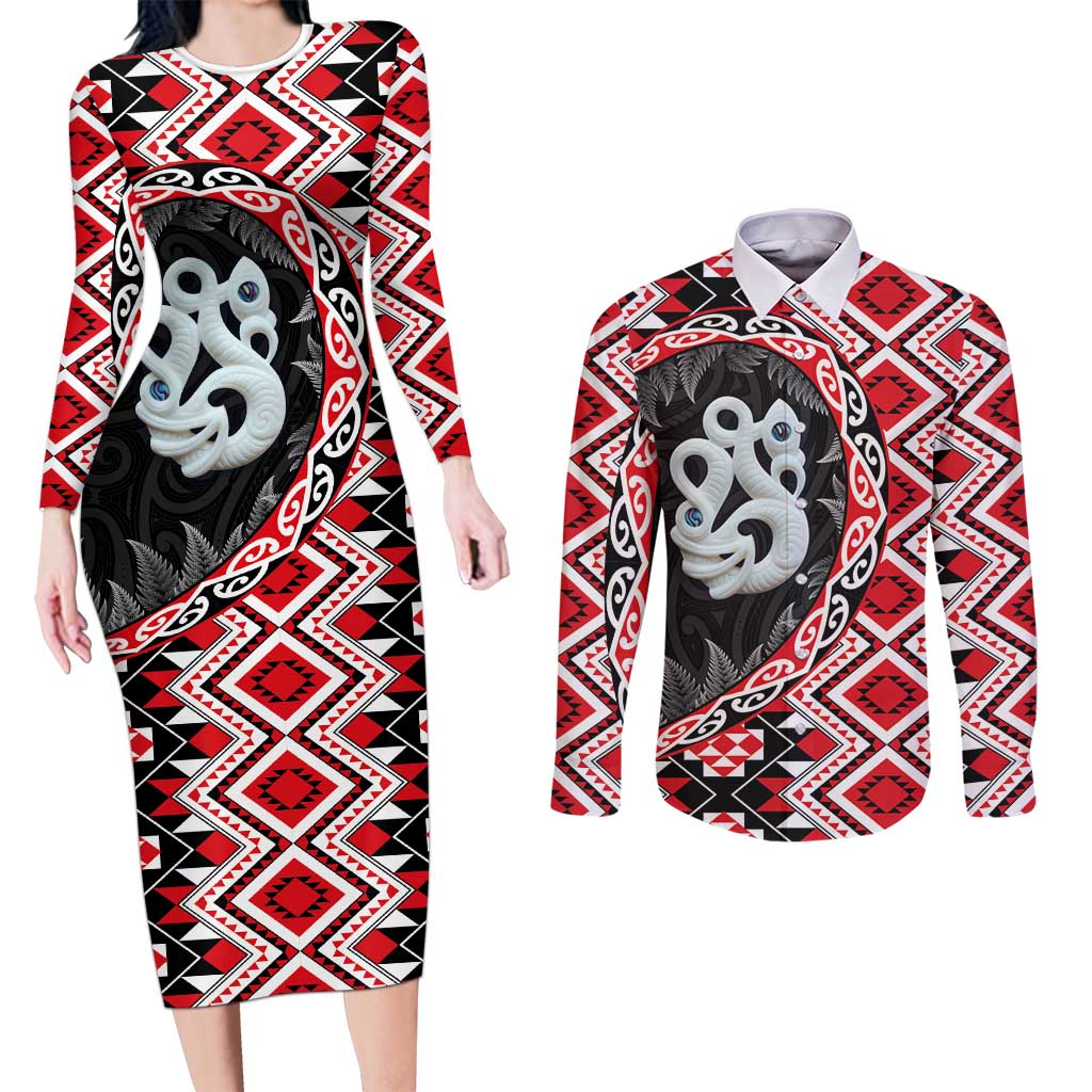 Red Taniko Motif Aotearoa Manaia and Silver Fern Couples Matching Long Sleeve Bodycon Dress and Long Sleeve Button Shirt LT03 Red - Polynesian Pride
