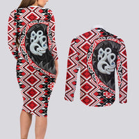 Red Taniko Motif Aotearoa Manaia and Silver Fern Couples Matching Long Sleeve Bodycon Dress and Long Sleeve Button Shirt LT03 - Polynesian Pride