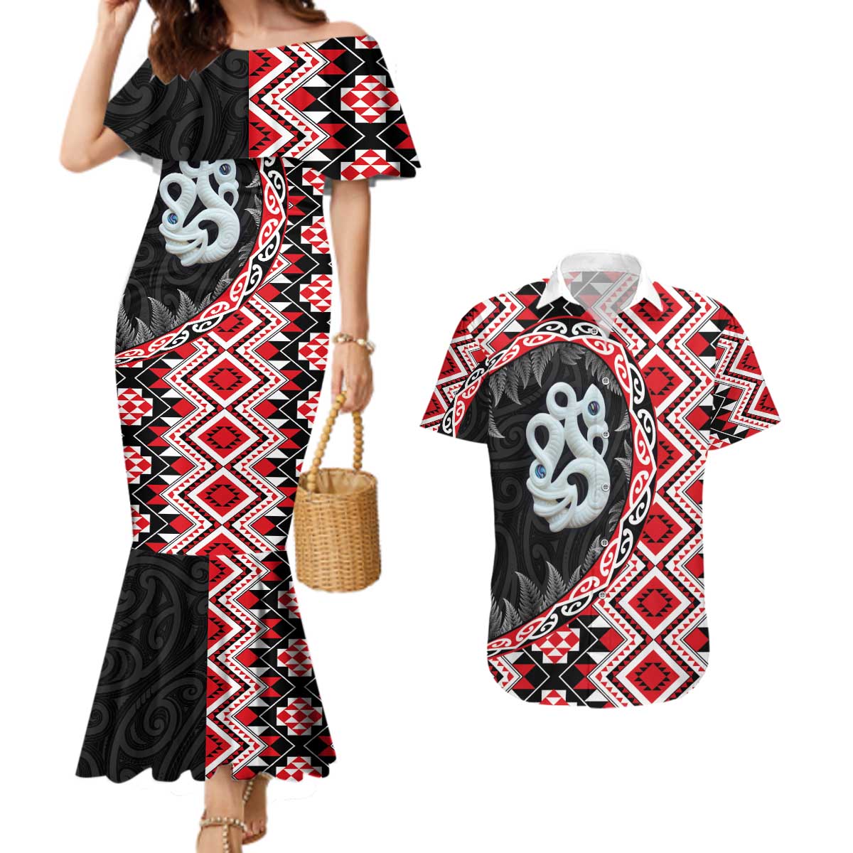 Red Taniko Motif Aotearoa Manaia and Silver Fern Couples Matching Mermaid Dress and Hawaiian Shirt LT03 Red - Polynesian Pride