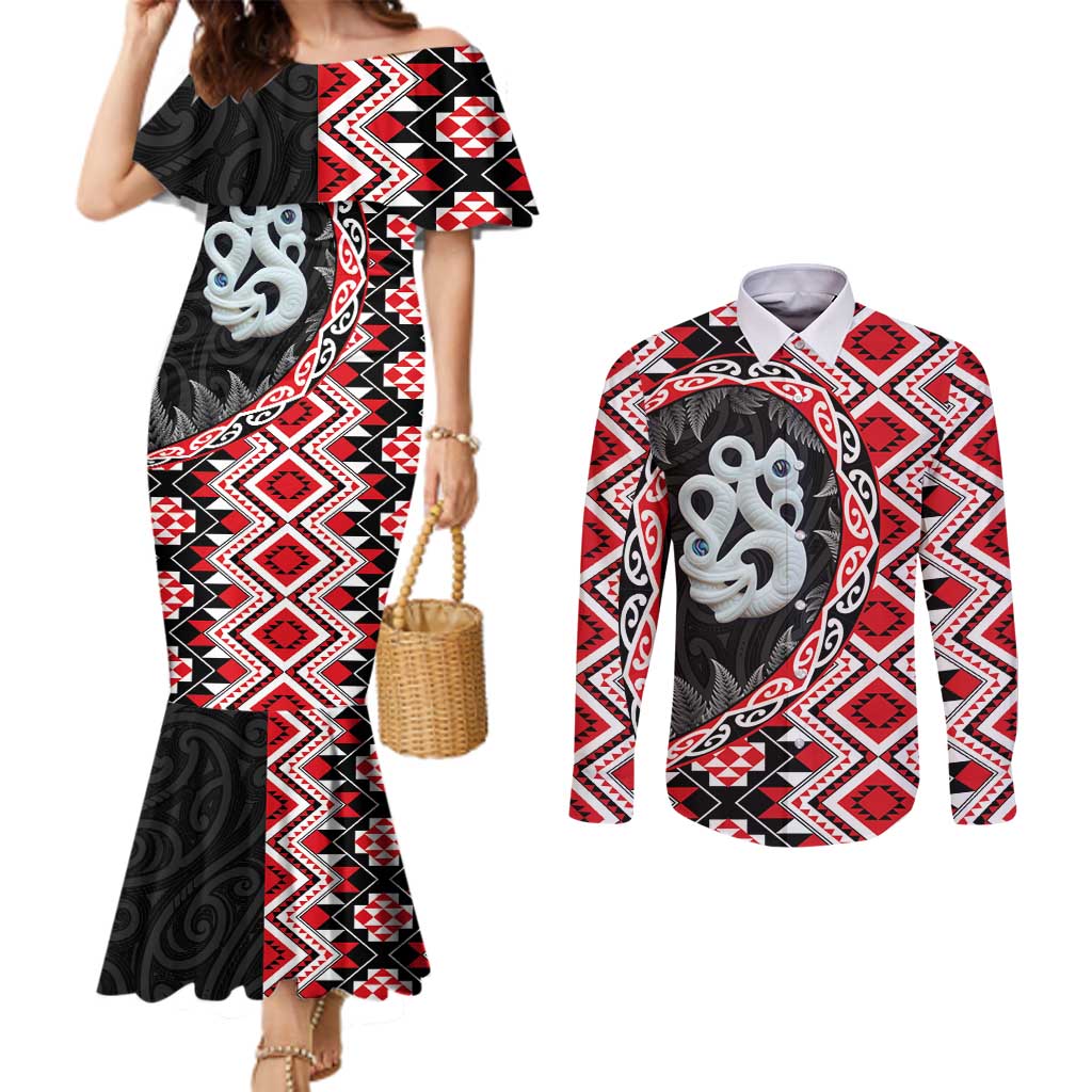 Red Taniko Motif Aotearoa Manaia and Silver Fern Couples Matching Mermaid Dress and Long Sleeve Button Shirt LT03 Red - Polynesian Pride