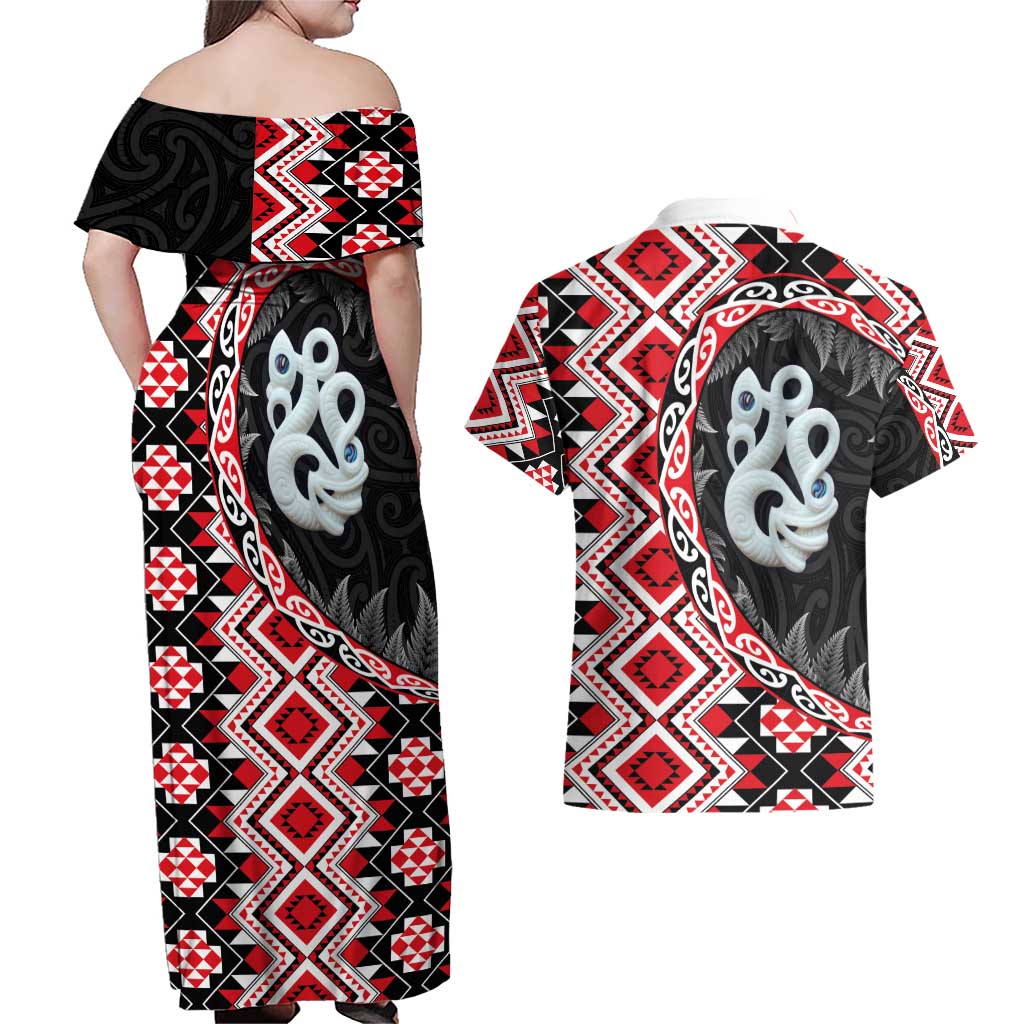 Red Taniko Motif Aotearoa Manaia and Silver Fern Couples Matching Off Shoulder Maxi Dress and Hawaiian Shirt LT03 - Polynesian Pride