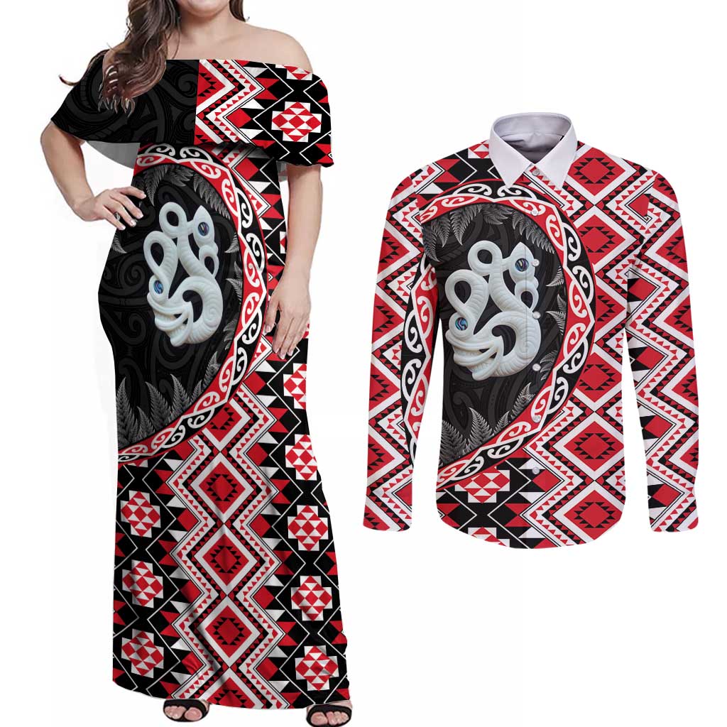 Red Taniko Motif Aotearoa Manaia and Silver Fern Couples Matching Off Shoulder Maxi Dress and Long Sleeve Button Shirt LT03 Red - Polynesian Pride