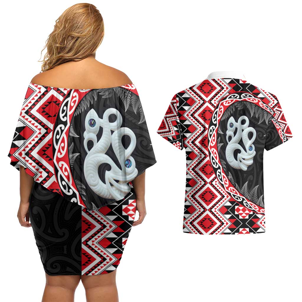Red Taniko Motif Aotearoa Manaia and Silver Fern Couples Matching Off Shoulder Short Dress and Hawaiian Shirt LT03 - Polynesian Pride
