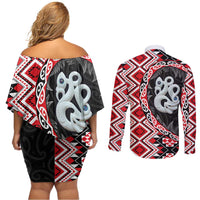 Red Taniko Motif Aotearoa Manaia and Silver Fern Couples Matching Off Shoulder Short Dress and Long Sleeve Button Shirt LT03 - Polynesian Pride