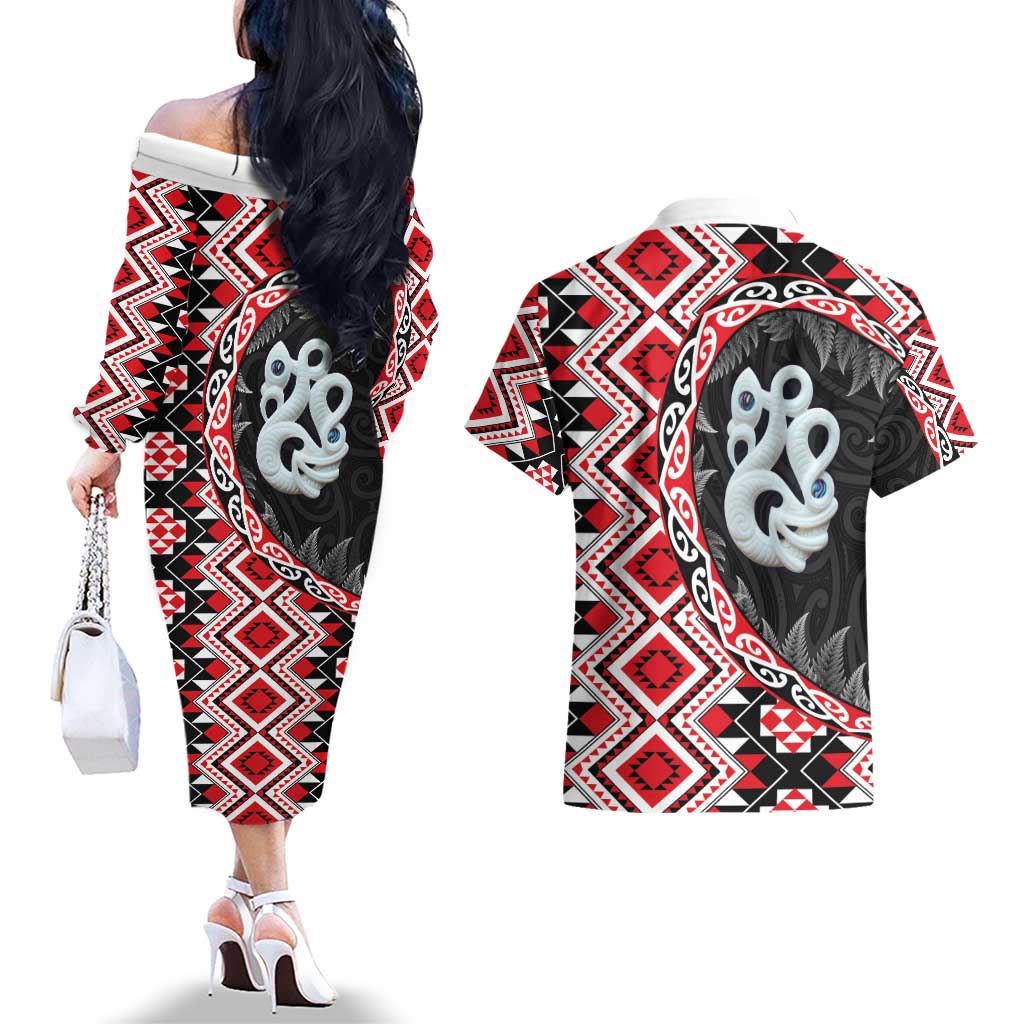 Red Taniko Motif Aotearoa Manaia and Silver Fern Couples Matching Off The Shoulder Long Sleeve Dress and Hawaiian Shirt LT03 - Polynesian Pride