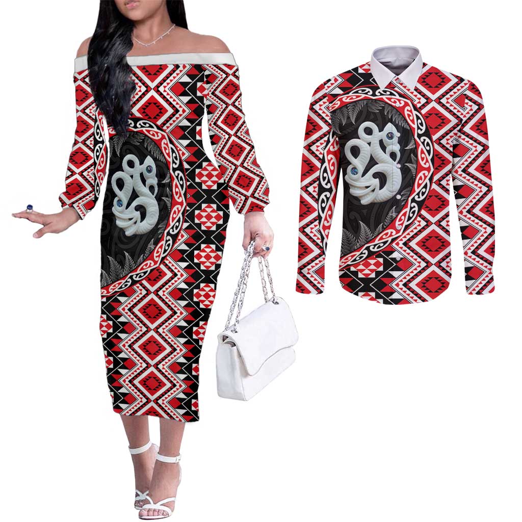 Red Taniko Motif Aotearoa Manaia and Silver Fern Couples Matching Off The Shoulder Long Sleeve Dress and Long Sleeve Button Shirt LT03 Red - Polynesian Pride