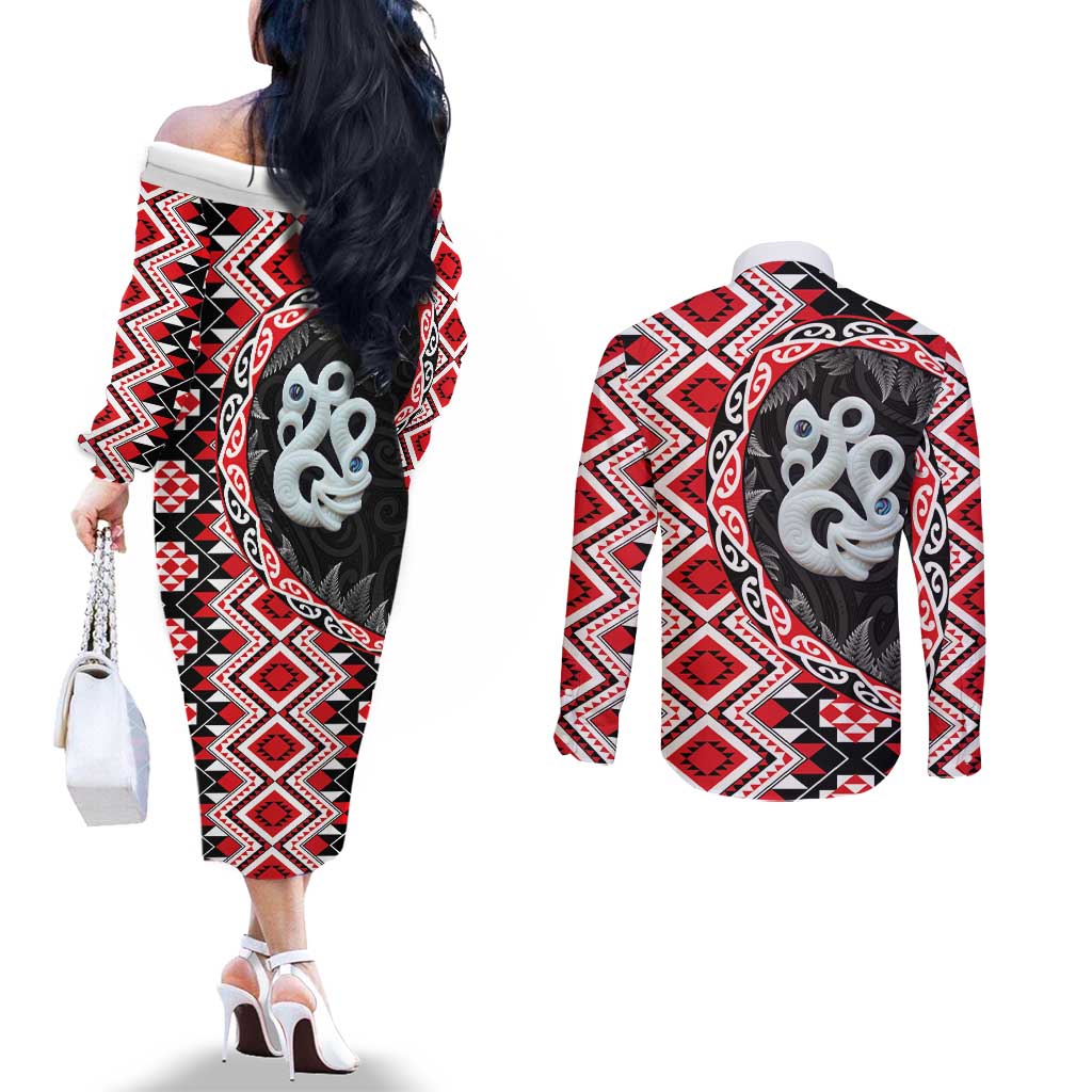 Red Taniko Motif Aotearoa Manaia and Silver Fern Couples Matching Off The Shoulder Long Sleeve Dress and Long Sleeve Button Shirt LT03 - Polynesian Pride