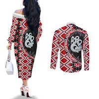 Red Taniko Motif Aotearoa Manaia and Silver Fern Couples Matching Off The Shoulder Long Sleeve Dress and Long Sleeve Button Shirt LT03 - Polynesian Pride