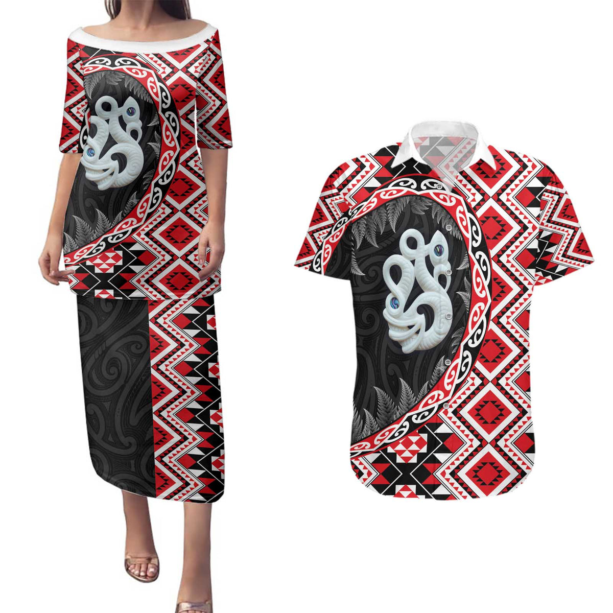 Red Taniko Motif Aotearoa Manaia and Silver Fern Couples Matching Puletasi and Hawaiian Shirt LT03 Red - Polynesian Pride