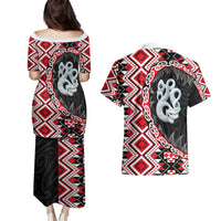 Red Taniko Motif Aotearoa Manaia and Silver Fern Couples Matching Puletasi and Hawaiian Shirt LT03 - Polynesian Pride