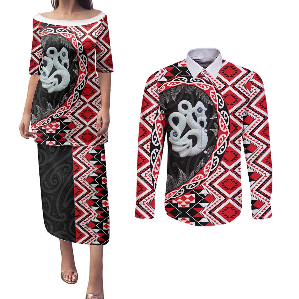 Red Taniko Motif Aotearoa Manaia and Silver Fern Couples Matching Puletasi and Long Sleeve Button Shirt LT03 Red - Polynesian Pride