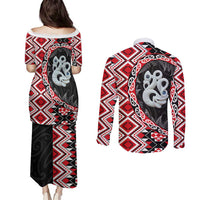 Red Taniko Motif Aotearoa Manaia and Silver Fern Couples Matching Puletasi and Long Sleeve Button Shirt