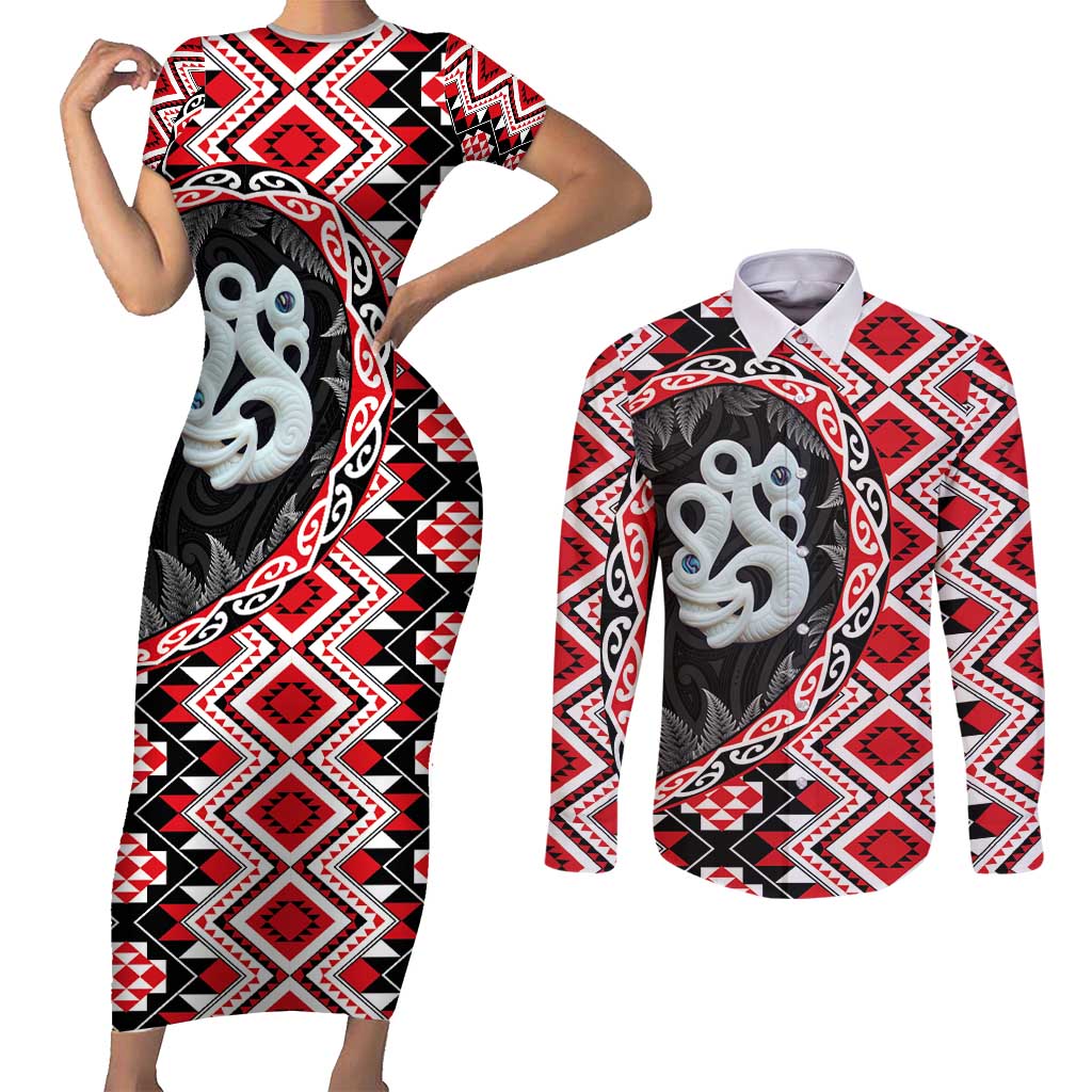 Red Taniko Motif Aotearoa Manaia and Silver Fern Couples Matching Short Sleeve Bodycon Dress and Long Sleeve Button Shirt LT03 Red - Polynesian Pride