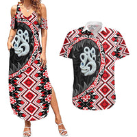 Red Taniko Motif Aotearoa Manaia and Silver Fern Couples Matching Summer Maxi Dress and Hawaiian Shirt LT03 Red - Polynesian Pride