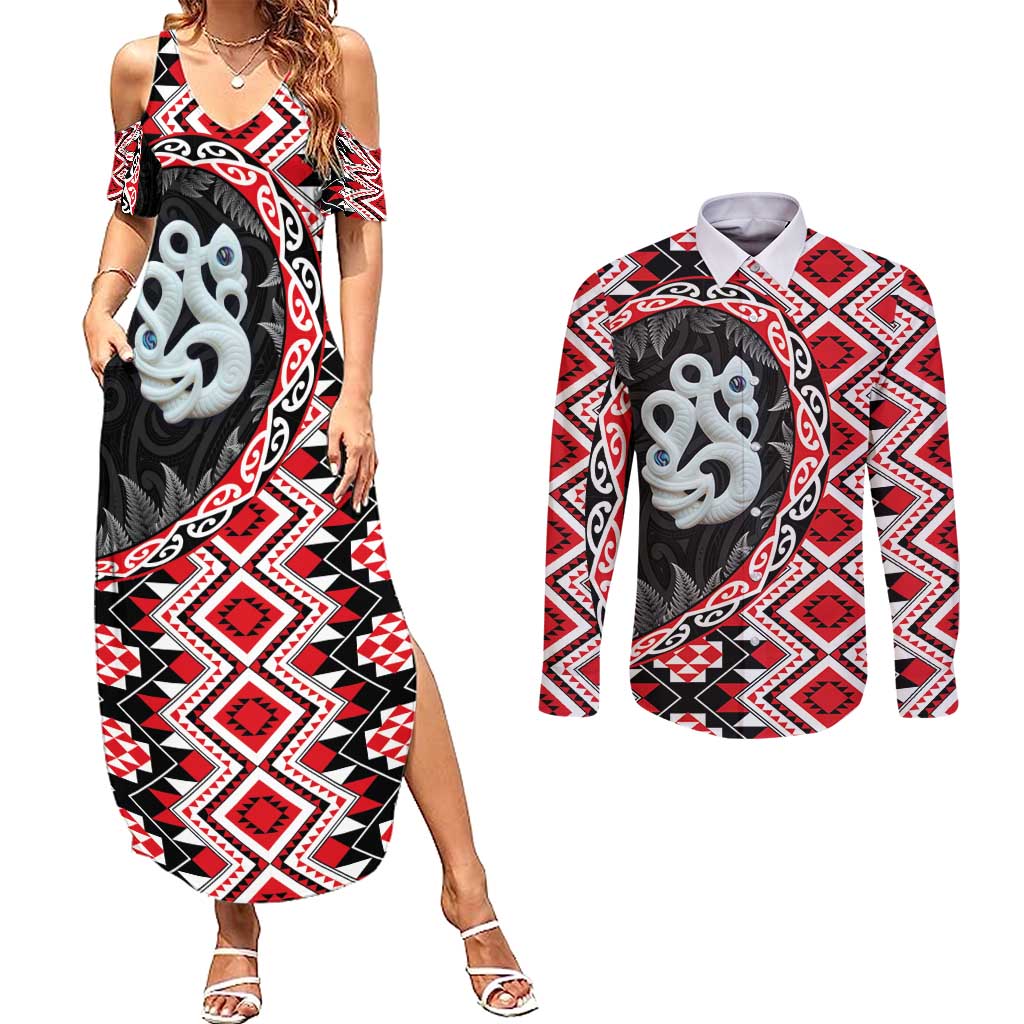 Red Taniko Motif Aotearoa Manaia and Silver Fern Couples Matching Summer Maxi Dress and Long Sleeve Button Shirt LT03 Red - Polynesian Pride